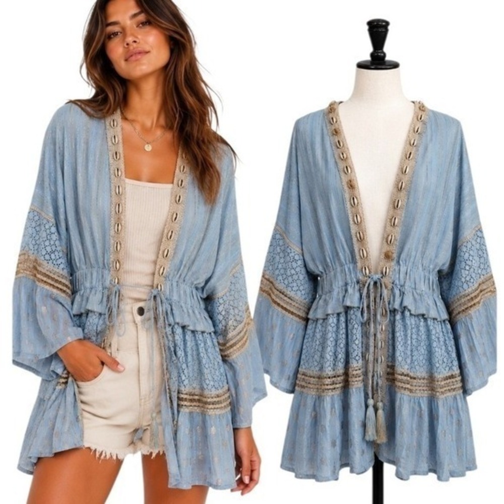 POL Cardigan Women Large Blue Gold Metallic Lace Shell Trim Boho SMQG2 - Picture 17 of 17